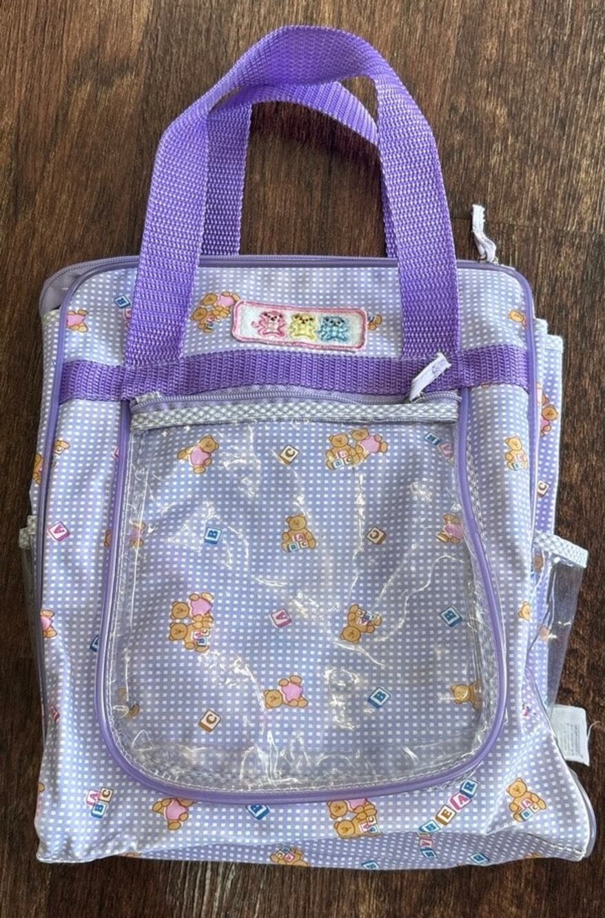 Vintage Purple and White Checkered Diaper Bag with Clear Vinyl Pocket Tote